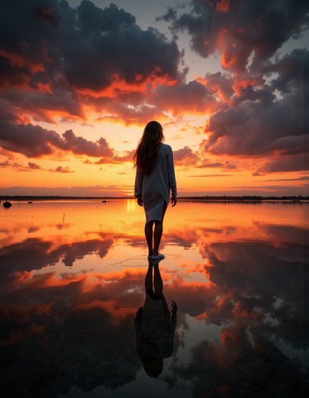 A highly detailed cinematic photography.
a woman silhouette shape repeating like an infinite mirror into the sunset, infinite mirrored perspective, long exposure.