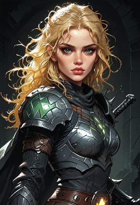 score_9, score_8_up, score_8, Science Fiction, Star Wars, perfecteyes, ultra detailed, Digital painting style, brushstrokes, high resolution, high quality, masterpiece, intricate details, intricate body, intricate landscape, knva, Expressiveh, European Instagram Model, upper body shot, low light, dungeon, ruins, green glow, black background, 
BREAK
1girl, source_cartoon, mature female, magik, xmen, blonde hair, holding weapon, armor, holding sword, midriff, base armour, beautiful, messy hair, pale skin, full lips, looking at viewer,
<lora:PainterlyFantasiaPDXL:0.6>