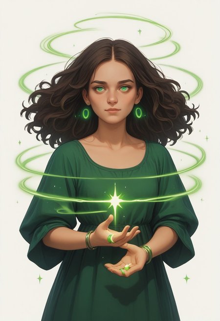 (score_9, score_8, score_7), masterwork, masterpiece, best quality,magicaura, 1girl, symmetrical layout, glowing green rings, white background, evenly spaced spirals