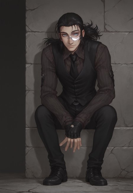 score_9, score_8_up, score_7_up, 1 boy, solo, DarkWalter, blue eyes, black hair, black tie, black vest, black pants, black shoes, black fingerless gloves, keychain, monocle, ponytail, full body, looking at viewer, gentle smile