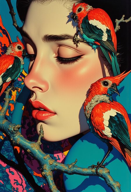 ((A hyper-detailed, abstract portrait, high contrast, inspired by ((Wassily Kandinsky:1.3) (bold colors, geometric abstraction:1.3)) and ((Gustav Klimt:1.3) (ornate patterns, golden glow:1.3)))) A surreal close-up of a woman’s face, her eyes closed, lips slightly parted, glowing against a vivid sapphire-blue background. Her skin shimmers in deep gold and neon teal, creating a striking contrast. Her sleek, sharp bob is painted in bold strokes of crimson and dark indigo, framing her elegant features.  
Two abstract birds, inspired by Picasso’s cubism, perch delicately on each side of her face. Their bodies blend emerald, burnt orange, and silver, detailed with swirling ink-like patterns reminiscent of Hokusai’s prints. They rest on a jagged, translucent violet branch, its sharp edges reflecting Juan Gris’ prismatic style.  
Her lips are glossy obsidian black, shimmering with hints of iridescent magenta, like neon reflections on wet pavement. The background swirls with fuchsia, electric blue, and bursts of radiant yellow, merging fluidly in the chromatic grain style of Donna Young. Strong lighting casts deep shadows, enhancing the interplay between bold shapes and textures. The composition balances surreal elegance with electric energy, merging human beauty with abstract harmony. ArsMJStyle, Colored pencil hyperdetailed realism,