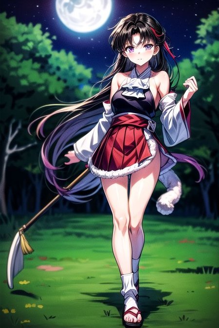 masterpiece,  best quality 1girl Setsun4 solo long hair,  (night time) forest background black hair very long hair purple eyes multicolored hair armor (fur trim) (medium body),<lora:EMS-179-EMS:0.800000>,<lora:EMS-293862-EMS:0.800000>ascot, bare shoulders, black footwear, detached sleeves, embellished costume, frills, japanese clothes, nontraditional miko, red skirt, sandals, sarashi, skirt, socks, armor, miko