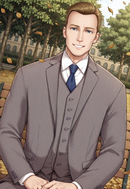 masterpiece, modern, new, male, masculine face, daddy looking face, 1boy, solo

STNeil, dark blonde hair, suit, blue necktie, white shirt, looking at viewer, smiling, dutch angle, sitting down, park background, outdoors, falling leaves,