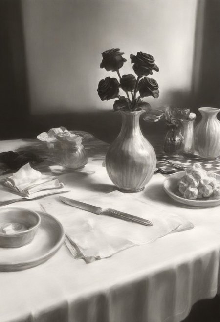 charcoal sketch, monochrome, masterpiece, high_quality, highres, best_quality, abstract, still life, no people, black roses, blue spiral vase, table, black and white checkered table cloth, crumpled white napkin, butter knife, sketch background, monochrome background, shadow, hint of blue shading