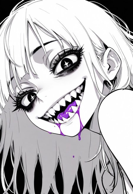 tfaix
Toga_Himiko
black eyes, bags under eyes,    
big eyes,  (black eyeshadow:0.8),  thick eyelashes, 
from side, monochrome, greyscale, simple background, black background, 
looking at viewer, looking down, (wild, crazy smile:1.2), solo, 1girl, close-up, perspective, (sharp teeth:1.2), purple liquid on mouth, purple liquid on face, half-closed eyes, + +,   black eyeliner, white hair,
masterpiece, best quality, amazing quality,
dark messy sketch, messy lineart, unfinished,
(horror \(theme\),:1.2)