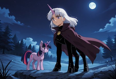 score_9, score_8_up, score_7_up, anime screencap, BREAK, Twilight Sparkle, a purple unicorn with purple eyes and white mane and tail,  source_feral, cloak, outdoors, night sky, night, black leotard, source_anime, retro anime style