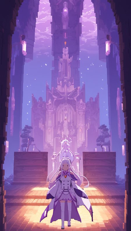 pixel-art Cinematic scene, hero view, solo, Emilia, Re:Zero <lora:emilia:1>, action pose, detailed background, masterpiece, best quality, high quality, absurdres . low-res, blocky, pixel art style, 8-bit graphics