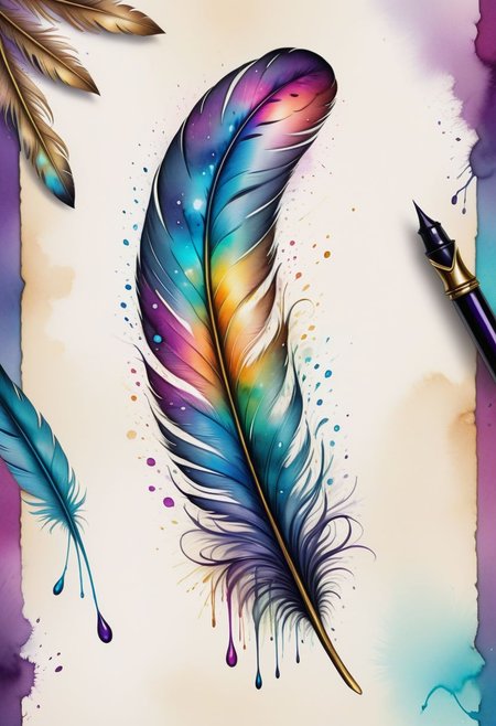 high quality fantasy art of a bird's feather, macro, vibrant colors, beautiful decorations, whimsical, magical, 8k, cinematic <lora:SDXLInkStains:0.6> Inkstains <lora:SDXLFaeTastic2400:0.5>