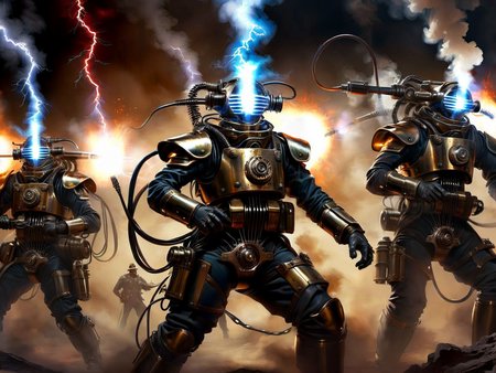 <lora:TechPunkAI:.7> TeslaPunkAI ,SteamPunkAI  soldiers, warfare, machinery  (Highly detailed, amazing retro-futuristic setting), (Shiny Impressive lighting), (Ultra Realistic, High quality, Highly detailed, Sharp focus, 8K UHD, Art photography), (trending on artstation)