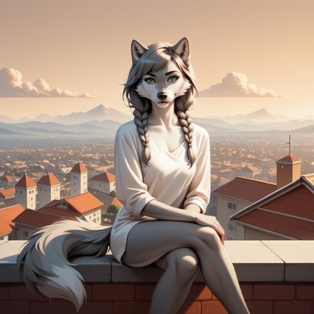 score_9, score_8_up, score_7_up, score_6_up, wlineartstyle, female Anthro wolf, White Cheeks, gray fur, green eyes, beautiful eyes, wolf tail, Gray Long Hair, Swept Bangs, Gray Twinbraids, sitting on a rooftop, golden hour, windy, ArsMJStyle,  Minimalism