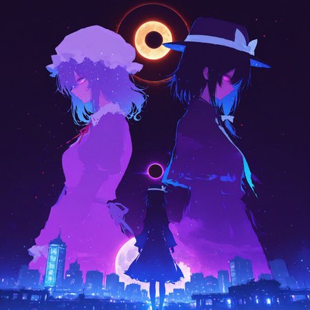 source_anime, high res image, masterpiece, perfect quality, best quality, absurdres, scenic, ultra detailed face, detailed eyes,
HDR,
2girl, multiple girls, multiple different girls, 
(side by side), (back-to-back), (split screen:1.2),
(1girl, usami renko, double exposure, silhouette, new moon, star),
(1girl, maribel hearn, double exposure, silhouette, full moon, solar eclipse),
photo background, real world location, Tokyo,
modern city, (buildings:1.2),
neon lights, high constant, light particles,
looking down,
r17329_illu, xxx667_illu, glowing