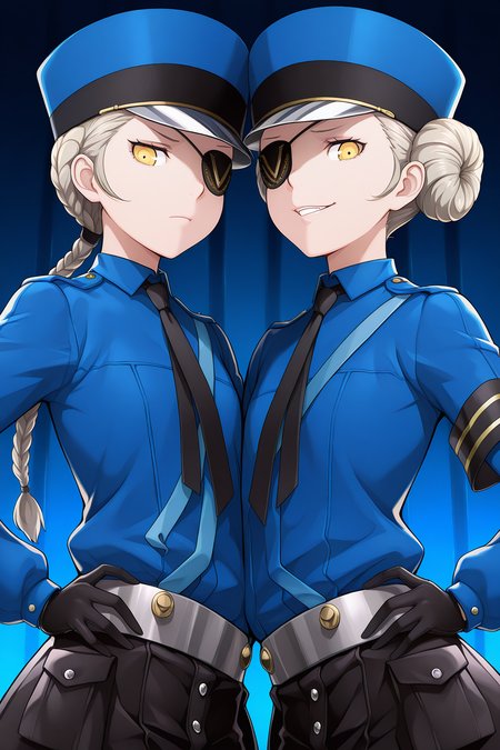 2girls,
CarolinePersona, JustinePersona,
general, side-by-side, dynamic angle, upper body,
eyepatch, eyepatch over the left eye, police hat,
blue shirt, black gloves, black necktie, grey belt, black shorts,
looking at viewer, yuri, pose, hand on own hip,
evil smile, frown,
blue theme, prison,
<lora:kp_CarolineAndJustinePersonaIllustrious_v1_0:1.0>,
masterpiece, best quality, amazing quality