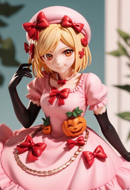score_9, score_8_up, score_7_up, highres, absurdres, solo, 1girl, blush, smile, looking_at_viewer, Rambda, blonde hair, short hair, orange eyes, hair ornament, necklace,   pink hat, pink gown, red bow, short sleeves, elbow gloves, striped kneehighs,