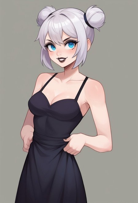 score_9, score_8_up, score_7_up, masterpiece, best quality, detailed face, detailed eyes, suizilla, cute, 1girl, slim, delicate features, sensual glare, smile, pale skin tone,  blue eyes, makeup, dark lipstick, regal dressing, fur trimmed black dress, white hair with two buns, (hands down), BREAK half-sideways view, medium shot, BREAK simple background