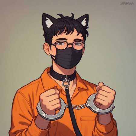 score_9, score_8_up, score_7_up, score_6_up, score_5_up, score_4_up, inmate, male focus, solo, orange jumpsuit, handcuffs, asian, black hair, glasses, black mask, cat ears, collar, leash, sunna (nilsunna) <lora:PrisonerLyCORIS-Prodigy-000025:0.4>
