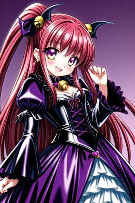 Bad_End_Precure, DarkPrecure, evil corrupted princess wearing dark pastel (ruffled:1) (gleaming latex:1) gown with (long latex vampire cloak:1) and (long frilly bell sleeves), soft lighting, ruffles, (cute vampire fang:1)
(vmpr:1),
<lora:more_details:1>,