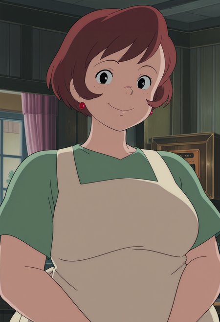 1girl,solo,mm,mature female,short hair,brown hair,black eyes,earrings,anime coloring,
dress,apron,upper body, looking at viewer, smile,indoors
,masterpiece,best quality,amazing quality,<lora:Osono-Kikis_Delivery_Service_ix:0.8>