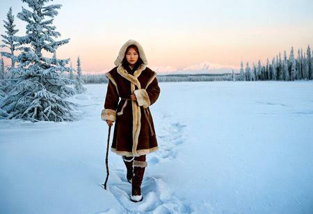 Stable_Yogis_PDXL_Positives, ziprealism, A professional photography in Steve McCurry stvmccrr style, rich colors, cultural portrait, Siberian-Asian, Amid the sweeping Siberian taiga in the full grip of winter, a young female hunter stands resolutely. The icy terrain stretches endlessly, broken only by the frosted needles of towering pine trees. The faint light of dawn spreads a delicate, golden hue over the snow, accentuating the hunterâs poised form., In the frozen Siberian wilderness, a young female hunter, her form exuding strength and grace, stands beneath the shadow of towering pines. She wears a long, hooded woolen robe, dyed a soft blue, embroidered with intricate patterns along the hem. Beneath it, her strong torso is fitted with a leather vest, while woolen thigh-high stockings, in a muted burgundy-red, tuck into sturdy boots. Her proud posture radiates resilience, embodying the essence of Siberiaâs harsh beauty in the 17th century, where the mystical aura of the land is felt in every breath., Against the icy Siberian landscape, her frost-kissed skin glows with a pale, frosted hue, a stark contrast to the frozen surroundings. Her straight, bright orange-red hair is tightly braided, with soft pieces of fur woven through the strands, accentuating her strength and cultural essence. Her piercing eyes, sharp and resolute, embody the Siberian sky, embodying the determination needed to endure the unforgiving wilderness., Her hands, protected by soft fur mittens, rest easily at her sides while a weathered fur cloak drapes elegantly over her shoulder. The fine detailing of her traditional attire exemplifies both the artistry and practicality of Siberian craftsmanship, tailored for survival against the relentless cold., The landscape is a wild, frozen expanse, where tall birch trees are dusted with snow and ice. The ground is blanketed in white, stretching toward the horizon. Distant mountains rise in the background, while the stillness of the scene is broken only by the wind, rustling through the Siberian trees., This portrayal recalls the emotional depth of Konstantin Makovskyâs portraits, while the environmental realism echoes the work of Isaak Levitan. The rich textures of the traditional Siberian huntress attire and the frozen landscape are reminiscents of the artistic mastery of Ivan Kramskoi., <lora:add-detail-xl:1.0><lora:Consistency Corrector XL:0.4><lora:stvmccrr:1>âââ