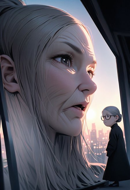 (graphic novel style, dark novel style:1.5),(anime), (masterpiece:1.4), (soft cinematic light:1.1), incredibly lifelike, Extremely high-resolution details, 8k, best quality,extremely detailed, contrast,
high tech design,
 gallery of contemporary art, inside, a old woman walking against the backdrop of a giant floor-to-ceiling window, through which one can see a city landscape with skyscrapers and a sunset ,fullbody, open mouth, ((elderly)) woman in a ((black long dress)) and black high-heeled shoes, elderly, old woman, [Nordic], Hourglass elongated body, Oval Face, Long neck, Rounded shoulders, long slim thin arms, Attached Pointed ears, round forehead, (gray Updo short combed back hair), snub nose, Arched eyebrows, Monolid black Eyes, High Round Narrow cheekbones, Hollow Cheeks, Rounded Chin, Rounded Jawline, thin Lips, (black eyes), (square glasses), Wrinkles and Fine Lines, a large white canvas at the wall,