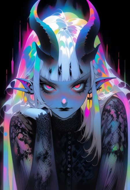 pale demon girl , prismatic coloring, holographic vibe, chromatic black lace blouse, gothic background, (long straight horns:1.2)