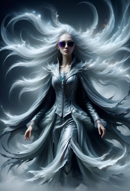 hyper detailed masterpiece, dynamic realistic digital art, awesome quality, transluscent ethereal otherworldly unnatural nebulous incorporeal phantasmal nebulous vaporous phantasmal ghostly soul specter, long flowing silver hair,pale white lucid skin, fantasy, grayish tattered gown, hands with claws,dim eyes, mourning expression,eerie, stygical, floating, gliding, omen of death,  plasma skirt, cybernetic aura texture    lemonzest augmented reality gaucho pants, augmented leather cowboy boots,  carbon-fiber sunglasses ,, dissolving into mist, screaming in agony <lora:DonMB4nsh33XL-v1.1-000004:0.8>