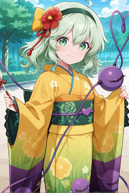 absurdres, highres, masterpiece, best quality, amazing quality, official anime artwork, screencap, anime screencap, outdoors, looking at viewer, light smile, dynamic pose, standing,
 <lora:Komeiji-Koishi_IllustriousV2:1> komeiji koishi, 1girl, solo, green eyes, green hair, medium hair, third eye, heart of string,, komeiji koishi \(praying for friends and family\), alternate costume, green hairband, hair ribbon, red ribbon, hair bow, yellow bow, hair flower, eyeball print, floral print kimono, furisode, gradient kimono, yellow kimono, green kimono, long sleeves, wide sleeves, lace-trimmed sleeves, green obi, yellow obiage, purple obijime, sash, yukata, holding arrow,