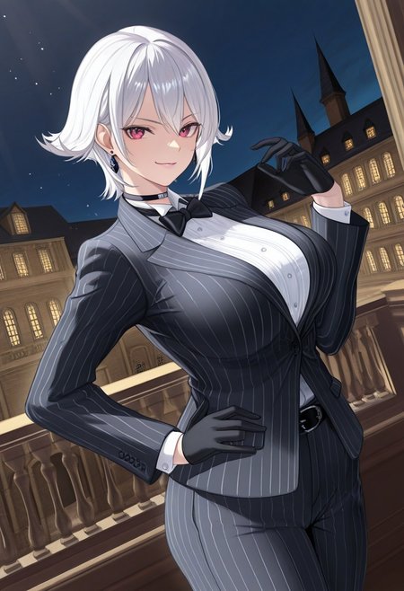 (score_9, score_8_up:1.1), score_7_up, (masterpiece:1.2), (best quality:1.3), amazing quality, very aesthetic, best aesthetic, highres, absurdres, HD, 4k, shading, newest, perfect composition, intricate details, detailed face and eyes, cel-shaded, sharp lines, Beautiful background, color vibration, shiny effect, shiny, smooth detail, scenery, alternate costume, 1girl, solo, female focus, Christie, white hair, short hair, flipped hairstyle, flipped hair, earrings, choker, bow, bowtie, formal, suit, pinstripe suit, blouse, black jacket, gloves, pants, belt, shoes, toned, toned body, large breasts, confident, smirk, beautiful, looking at viewer, dynamic pose, standing, cowboy shot, dutch angle, masterful composition, dynamic movement, sidelighting, light particles, outside, mansion, manor, night, regal, Royal, balcony, edgy, manga, anime, hand on hip, one hand up, dramatic shadows,