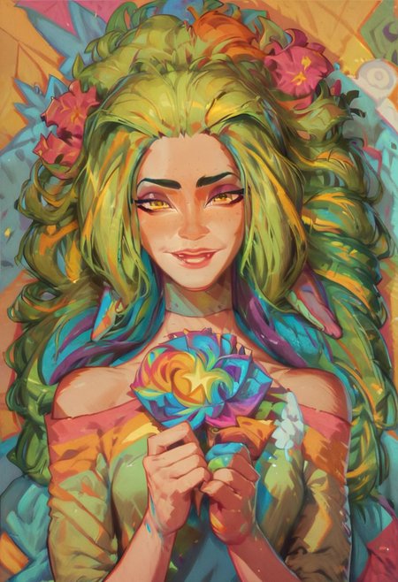 score_9, score_8_up, score_8, 1girl, smooth, highly detailed, green hair, perfect, high quality, yellow eyes, rainbow style, vibrant colors, vivid colors,
