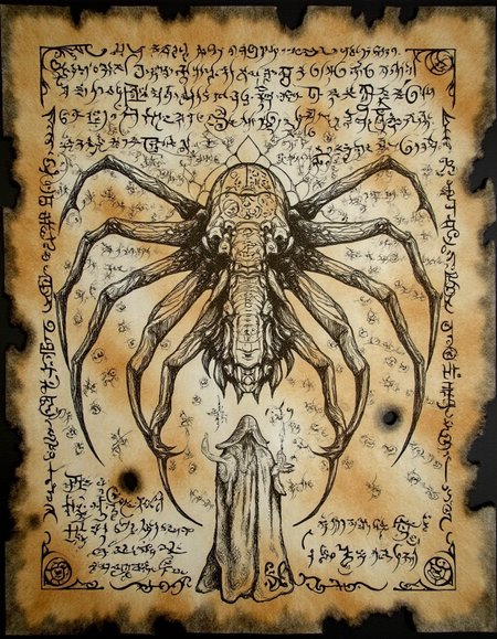 <lora:the_forbidden_book_v10_1500:1>, ncrnmcn, An ancient manuscript displays a giant spider with a body covered in rune-like patterns. Its legs extend outward, reaching the edges of the page as if trapping the scene within its web. At the top and center of the page "The Forbidden Book" in a large runic font. Below the spider, a figure draped in a robe holds a candle, casting shadows across the page. The border is filled with interwoven web designs and symbols associated with darkness and mystery. The aged paper has small tears and spots, giving it the appearance of an artifact that has endured centuries.  "Version 1.0" and "by Dark Infinity" appear in smaller font at the bottom of the image.