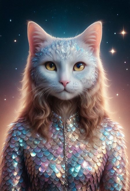 An extreme photorealistic upper body shot of a cat girl with mesmerizing golden eyes and slit pupils. She has long, flowing two-tone hair, white and black, with striking, unrealistic beauty. Her pink lips curve slightly to reveal sharp fangs, and her long fingernails are a key feature of her sleek cat suit. Include tiny imperfections like pores, faint freckles, and slight skin texture variations to add realism. Realistic lip texture with soft lines, slight gloss, and natural color variation. Realistically detailed tear ducts, slightly moist, enhancing the natural appearance of the eyes. Faint, barely visible veins under the eyes, adding depth and authenticity to the skin. Individually rendered eyebrow hairs with natural variation in direction, length, and thickness. Variation in hair strand thickness, with some thinner and finer than others. Detailed texture on the cat suit, showing the weave or material pattern, such as leather, spandex, or velvet. Shadows that move with the character, responding to her position and the light source accurately, 28 YEARS OLD, wrinkles, cat girl, crystal, gem, sparkle, YELLOW EYES, CAT EYES, denise, catgirl, Gothic castle, lively, luminescent, Majestic castle, big eyes, rooftop, night, clear sky, stars, (wide hips2.4), (slim waist:2.6), dark clothes, (Huge breasts:2.7), Mature brunette, Instagram_Influencer_134_By_Stable_Yogi, Instagram_Influencer_176_By_Stable_Yogi, p1nk1r1sc4l3s, made out of iridescent scales.
