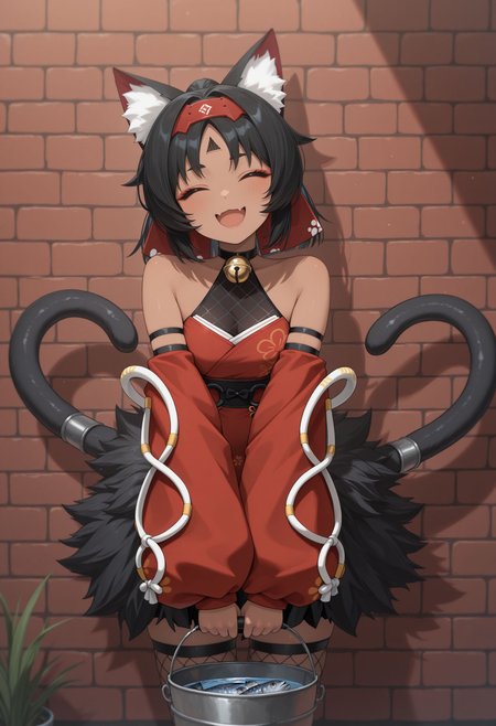 masterpiece,best quality,absurdres,highres,very aesthetic,high quality,detailed,insanely detailed,beautiful, solo, 
dark fishnet, 
 <lora:Nekomiya v2 illu:1> 1girl, cat tail, animal ears, closed eyes, black hair, multiple tails, open mouth, holding, two tails, smile, cat girl, skin fang, red hairband, neck bell, detached sleeves, animal ear fluff, food, puffy long sleeves, bare shoulders, red sleeves, short hair, brick wall, skirt, :d, facing viewer, ^ ^, dark skined woman,  fish bucket,