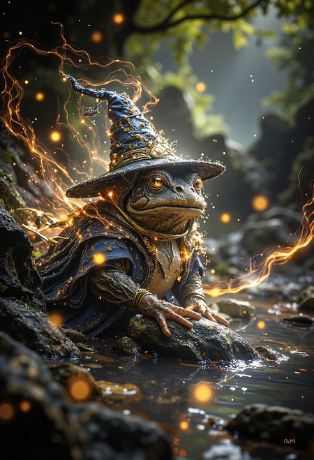 fantasy scene. A plump wizard toad adorned with a large, pointed magic hat and a richly decorated enchanted cloak sits majestically on a large rock in the middle of a forest pond. The serene surroundings amplify the mystical aura emanating from the toad, as it gazes with wise, knowing eyes. Swirling around the toad are glowing yellow fireflies, each leaving a sparkling trail of light in their wake, creating an enchanting spectacle. The forest backdrop, filled with ancient trees and soft, ambient light, adds to the otherworldly charm of this magical scene., deep depth of field, photography, Natural geographic photo, Hyper-realistic, 16k resolution, (masterpiece, award winning artwork), many details, extreme detailed, full of details, Wide range of colors, high Dynamic, <lora:flux_sparklycism.safetensors:0.75>,  <lora:FantasyWizardWitchesFlux.safetensors:0.5>,  <lora:black_fantasy.safetensors:1.0>,  <lora:midjourney_whisper_flux_lora_v01.safetensors:0.3>,  <lora:Midjourney_-_SemiReal_Dreams_FLUX_LoRA.safetensors:0.3>,