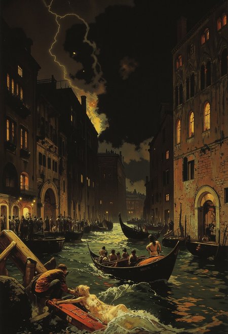 This painting portrays the bustling canals of Venice during a storm, as captured in the dramatic style of J.M.W. Turner. The foreground is alive with chaos as gondolas sway precariously on rough waters, their passengers gripping the sides for balance. A man in a red cloak leans over to pull a woman in a flowing white dress from the edge of an overturned boat. The middle ground features Venetian buildings with aged, weathered facades and arched windows, partially obscured by sheets of rain and splashes of water. The sky is dark and ominous, with flashes of lightning illuminating the canals and casting dramatic shadows across the scene. The intense contrasts of light and dark, with golden highlights breaking through the storm clouds, evoke a sense of power and vulnerability in the face of nature.