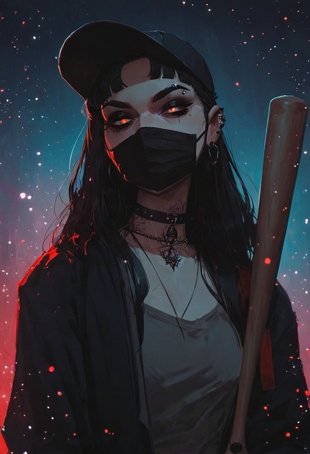score_9, score_8_up, score_8_up, 1girl, depth of field, raw, intimate shot, long hair, (goth girl, face mask, open jacket), nsfw, pierced nipples, ((glowing particles)), (((baseball bat:1.3)))