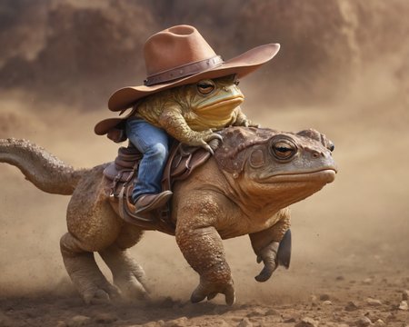 a huge muscular cowboy toad with a cowboy hat is riding a horse, HD, 4k