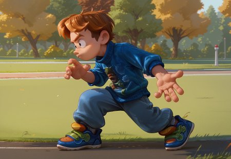 score_9, score_8_up, score_7_up, CuteCartoonStyle, 1boy, solo, male focus, Aaron Ginger,  playful, relaxed, Hands out, five fingers, casual stance, shrugging gesture, playful attitude,  Side view, walking stance, park, full body shot, 