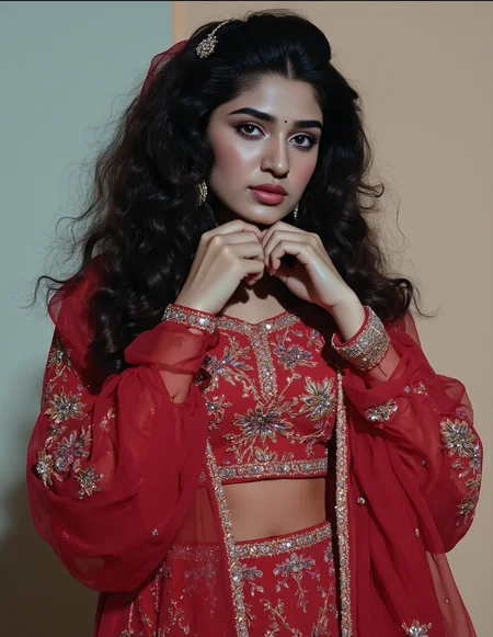 black and white photo of kr1t1 sh3tty woman, hyper realistic photo that is safe for work, serious, studio quality image with natural colors, well dressed wearing intricate long sleeved Red Patiala Suit, hair styled as  curls,muted pastel shaded multicolored background that contrasts with the person, cinematic lighting,âââââ  <lora:kr1t1_sh3tty_Kriti_Shetty_Flux_Kohya_V1:0.8>âââ