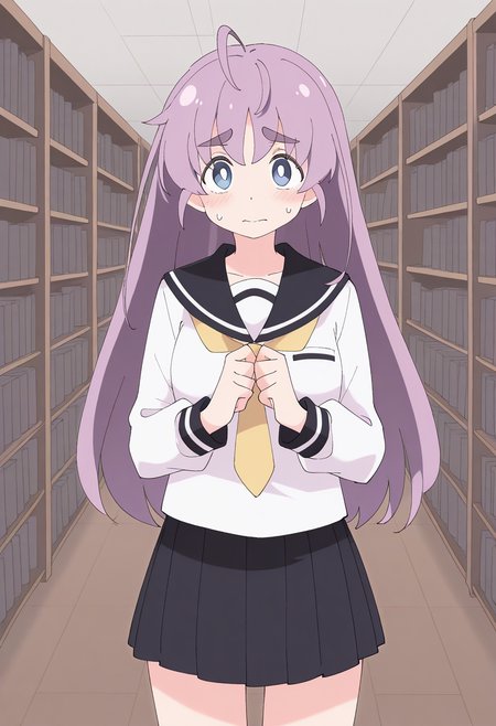 1girl, solo, rinlilustea, purple hair, long hair, ahoge, thick eyebrows, blue eyes, shirt, long sleeves, sailor collar, yellow necktie, skirt, school uniform, indoors, library, cowboy shot, standing, nervous, looking at viewer,