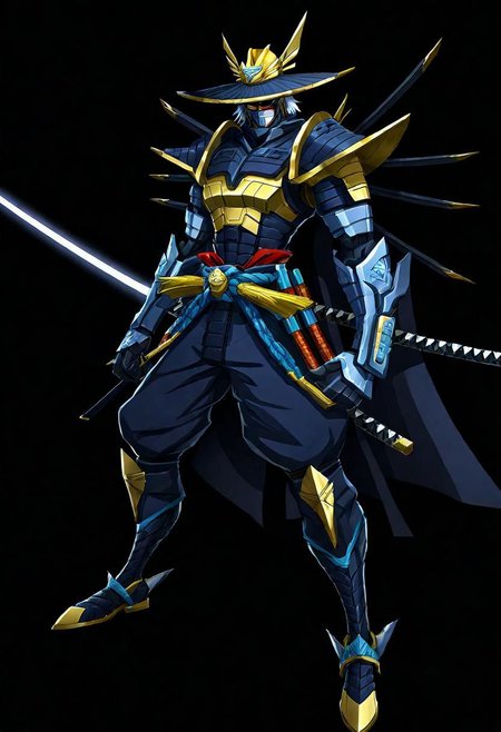 ncrender of a raiden from metal gear as a shogun,simple background,black background