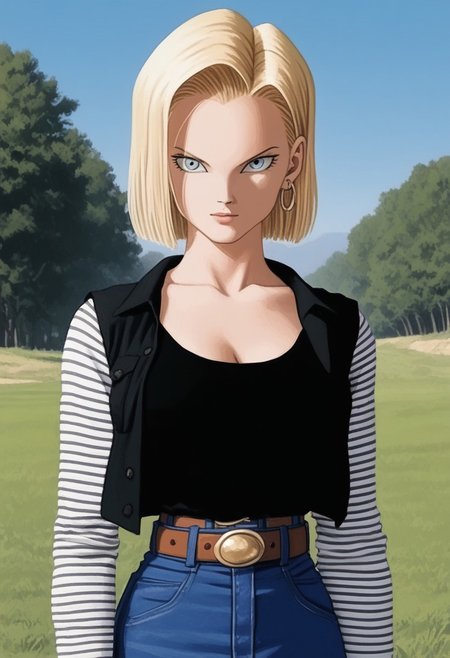source_painting,1girl, (android 18, blonde hair, blue eyes, eyelashes), hoop earrings, short hair, earrings, belt, black legwear, black shirt, breast pocket, cleavage, collarbone, denim, denim skirt, high-waist skirt, jewelry, long sleeves, pocket, shirt, shirt tucked in, skirt, striped, striped sleeves, waistcoat, outdoors