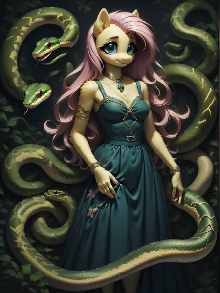 score_9, score_8_up, score_7_up, score_6_up,  1girl, solo, (Fluttershy:1.3) \(mlp\), (anthro pony:1.1), tail, dress,
<lora:Serpent_World:1> snake, <lora:Anime Summer Night Style SDXL_LoRA_Pony Diffusion V6 XL:0.5>  <lora:Realistic000003_1_2.5DAnime_0.05_Merge1:0.5>  <lora:MegaFluffyPony:0.5> MegaFluffyPony, furry, fluffy, dark theme, low light,