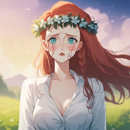 score_9, score_8_up, score_7_up, source_anime, expressive, anime,  dynamic, 1girl, white skin, blush_stickers and freckles, long hair, red hair, red_lips, aqua_eyes, shy, blush, uncensored, (S1GR1DTotG), source_hentai, unbuttoned, white_dress, breasts, blurry_background, head_wreath,
