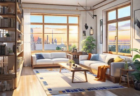 anime-style, modern-style interior, with white walls and large windows, Nordic-style furniture, a  study, Sofa, coffee table, bookcase, single wall, 
warm light morning sun, the view of the city