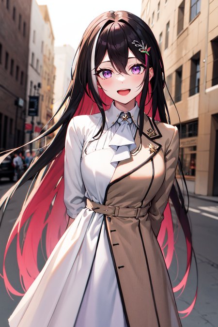 masterpeace, best quality, highres, 1girl, solo, multicolored hair, pink hair, purple eyes, black hair, dress, colored inner hair, hair between eyes, white dress, brown jacket, two-tone hair, jewelry, long sleeves, x hair ornament, bangs, bracelet, very long hair, streaked hair, hairclip, <lora:AZKi_v10:0.7>, standing, cowboy shot, smile, street, arms behind back, open mouth,