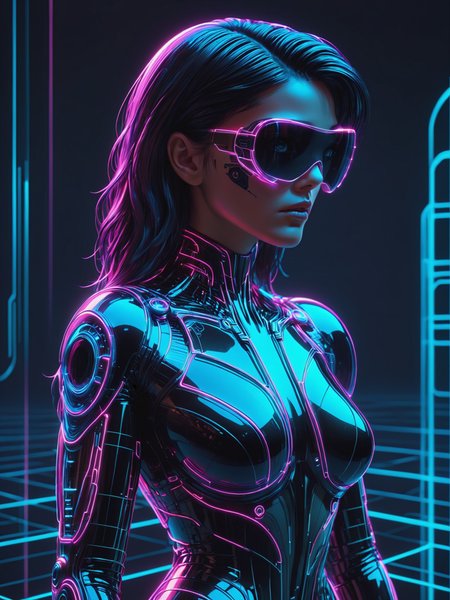 cyberpunk woman, Jed-Jly, Jed-CyFut, Futuristic, Neon, mad-cyberspace, cyberpunk, scifi, 1980s, retro, grid  <lora:JellyStyle:0.8>    <lora:CyberFuturisticStyle:0.6>  <lora:Neon_Cyberpunk_SDXL_-_Cyberspace:0.8>, (masterpiece:1.2), best quality