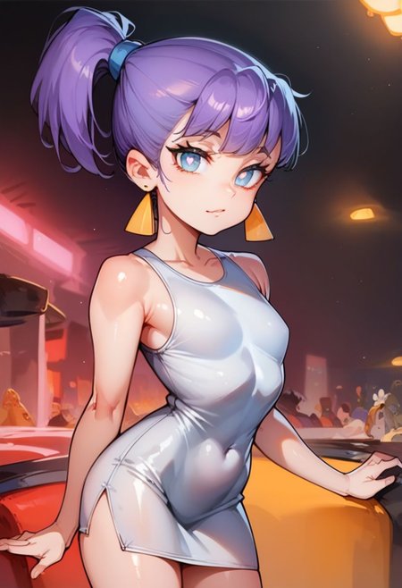 score_9, score_8_up, score_7_up, best quality, highest score, 1girl, looking at viewer, bodycon dress, in nightclub, shiny skin, white pupils, multicolored purple hair, ponytail, zPDXL2, zvezdochka