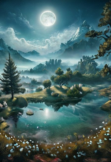 masterpiece, best quality, ultra-detailed, realistic, 8k,  lakes, meadows, glitter, moonlight, one pine tree, a couple of deer on very distant, Crystal landscape, Crystal flowers, Crystal fantastic, out-of-this-world scenery, masterpiece, best quality, ultra-detailed, realistic, 8k, lifelike naturalism, greatest naturalism photo, immaculate detailed realism photography, rich colors, best colors composition, intrigue nature panorama, delicate nature photo, immaculate micro-details nature elements, lakes, meadows, glitter, moonlight, Crystal landscape, Crystal flowers, Crystal fantastic, out-of-this-world scenery, prettiest, breathtaking beautiful, perfect compositions, perfect proportion, super delicate, surreal, insanely lifelike, top best naturalism photography, greatest detailed, intricate details, depth of field, more emphasize more, more highlight,