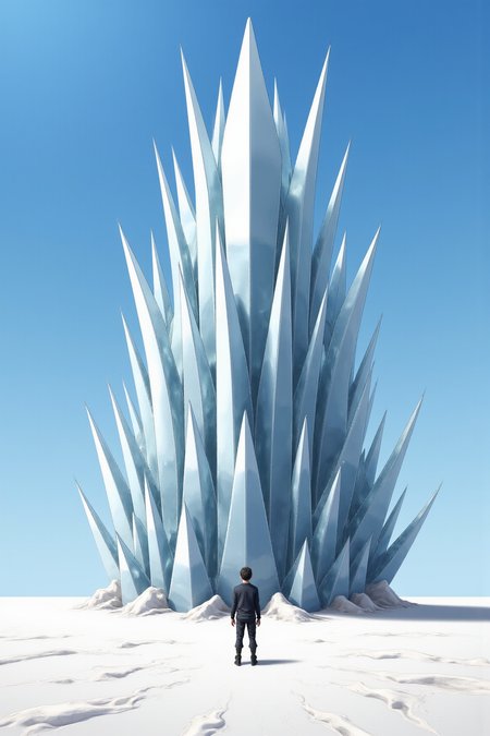 YFG-Ge0m, The image portrays a surreal and striking scene set in a vast, desolate landscape under a clear blue sky. Dominating the foreground is an enormous, crystalline structure that appears to be made of ice or glass. The structure is composed of sharp, angular shards that jut out in various directions, creating a jagged and almost otherworldly appearance. The translucent quality of the material allows light to pass through, casting intricate shadows and reflections on the ground. In the distance, a solitary figure stands with their back to the viewer, gazing at the towering structure. The person is dressed in dark clothing, which contrasts sharply with the bright, white expanse of the surrounding terrain. The ground appears to be a flat, sandy surface, adding to the sense of isolation and scale. The overall composition evokes a sense of wonder and curiosity, inviting the viewer to imagine the story behind this mysterious and awe-inspiring scene, anime, anime art.