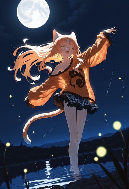 1boy, flat chest,  skinny, light orange cat ears, light orange cat tail, long hair, air_ bangs, (light orange hair), yellow eyes, slit pupils, round glasses,
half-closed eyes, fang, dancing, splash,
oversize shirt, off shoulder, frills, mini skirt, checkered print, wet hair, wet body, wet clothes,
floating hair, lake, from below,
night:1.5, dark, flowers, moonlight, glowing stars, glowing moon, glowing tiny fireflies, 
<lora:katajonytweetIL-style:1>, katajony tweet,,masterpiece,best quality,amazing quality,