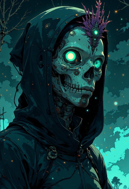 high quality, ultra detailed, colorful, fantasy, G0thicL1nes, a highly detailed, digital artwork depicting a futuristic, cyberpunk aesthetic, the subject is a humanoid figure with a dark, hooded cloak draped over their shoulders, adding a sense of mystery and isolation, the figure's face is partially obscured by a large, metallic mask that covers their entire face, the mask is adorned with intricate, glowing green and purple elements, resembling a leafy plant, and features a skull-like face with glowing green eyes and a menacing expression, the background is a deep, starry night sky, with small, glowing orbs scattered throughout, enhancing the ethereal and otherworldly atmosphere, the cloak's texture is smooth and appears to be made of a dark fabric, with a subtle sheen that catches the light, the overall color palette is dominated by deep blues, purples, and greens, with the mask and hood standing out against the dark background, the artwork is highly polished, with meticulous attention to detail in the textures and lighting, giving it a lifelike quality<lora:Ethereal_Brush_Anime_v1.0.safetensors:0.6:0.6> <lora:It's a LoRA for portraits, BUT! actually specialized in backgrounds. v1.0.safetensors:0.12:0.12> <lora:FluxMythG0thicL1nes.safetensors:0.6:0.6> <lora:Blue_Future.safetensors:0.9:0.9>